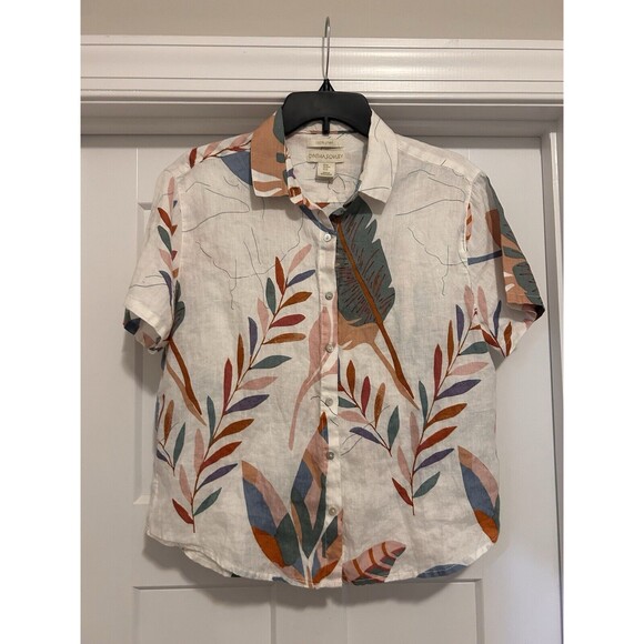 Vintage Cynthia Rowley Button Up Shirt 100% Linen Women’s Size Medium Tropical - Picture 1 of 3
